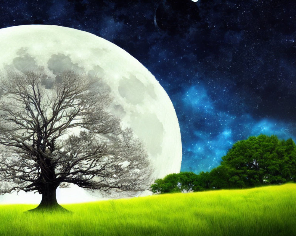 Lone tree on lush field under night sky with full moon