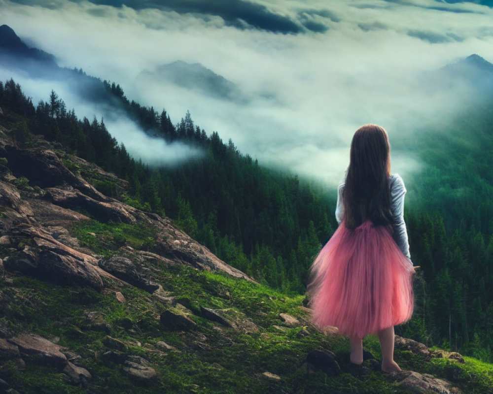 Woman in Pink Skirt on Mountain Overlooking Misty Forest Landscape