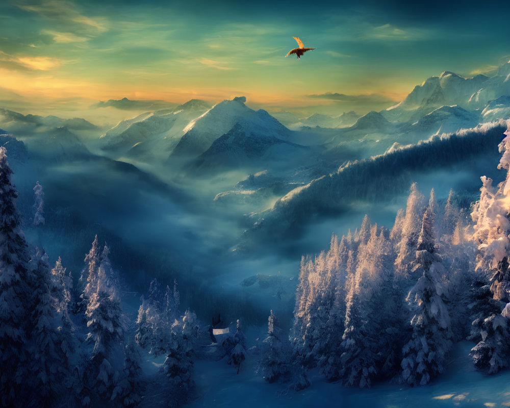 Snowy Sunset Panorama: Misty Mountains, Bird in Flight, Village Among Frosty Trees