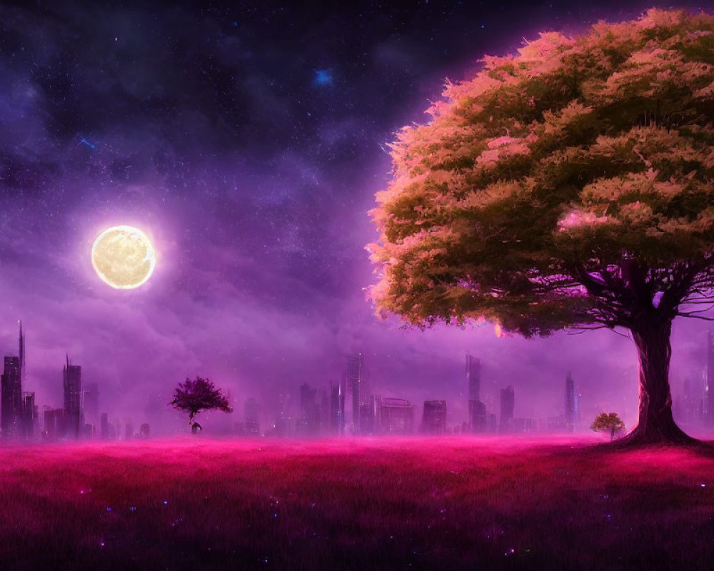 Landscape with glowing moon, large tree, and futuristic cityscape.