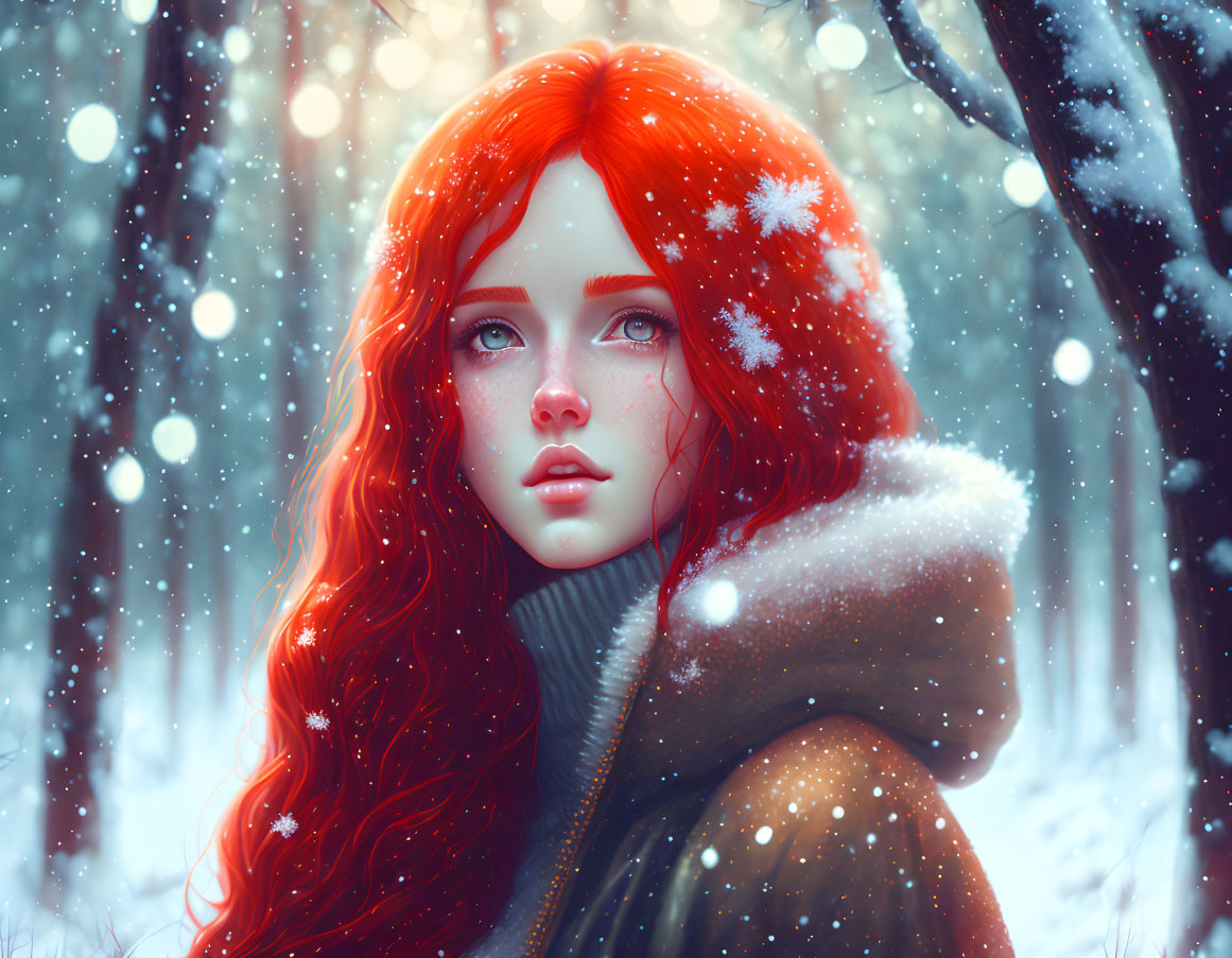 Digital artwork: Woman with red hair and blue eyes in snowy winter forest