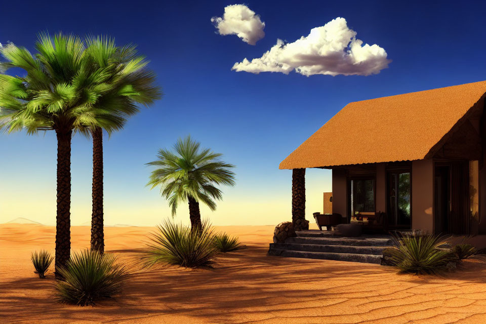 Tranquil desert oasis with palm trees and thatched-roof hut