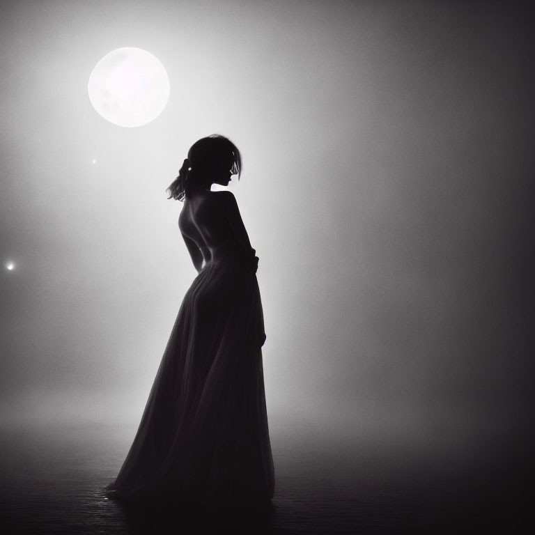 Silhouette of Woman in Flowing Dress Under Full Moon