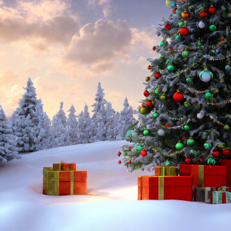 Colorful Ornaments on Festive Christmas Tree with Snow-Covered Trees and Gift Boxes at Sunset