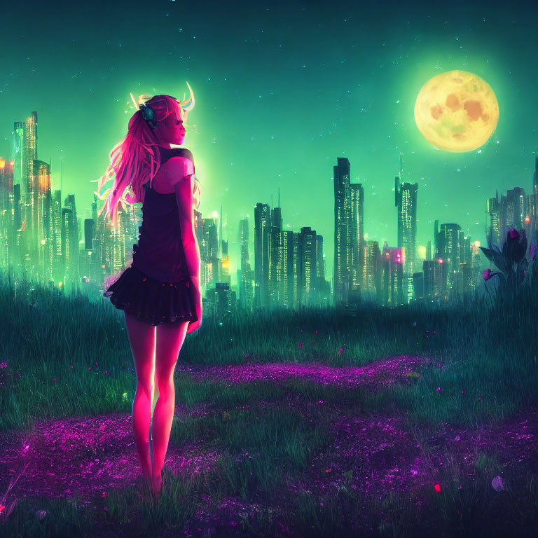 Fantasy artwork of horned girl with glowing tattoos in futuristic meadow