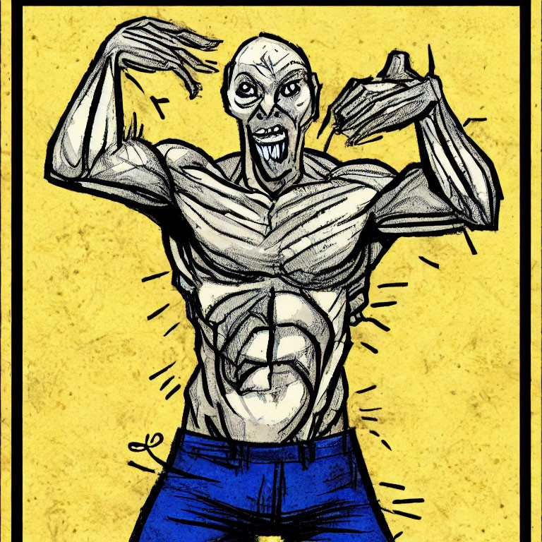 Muscular villain with blue skin and sharp teeth on yellow background