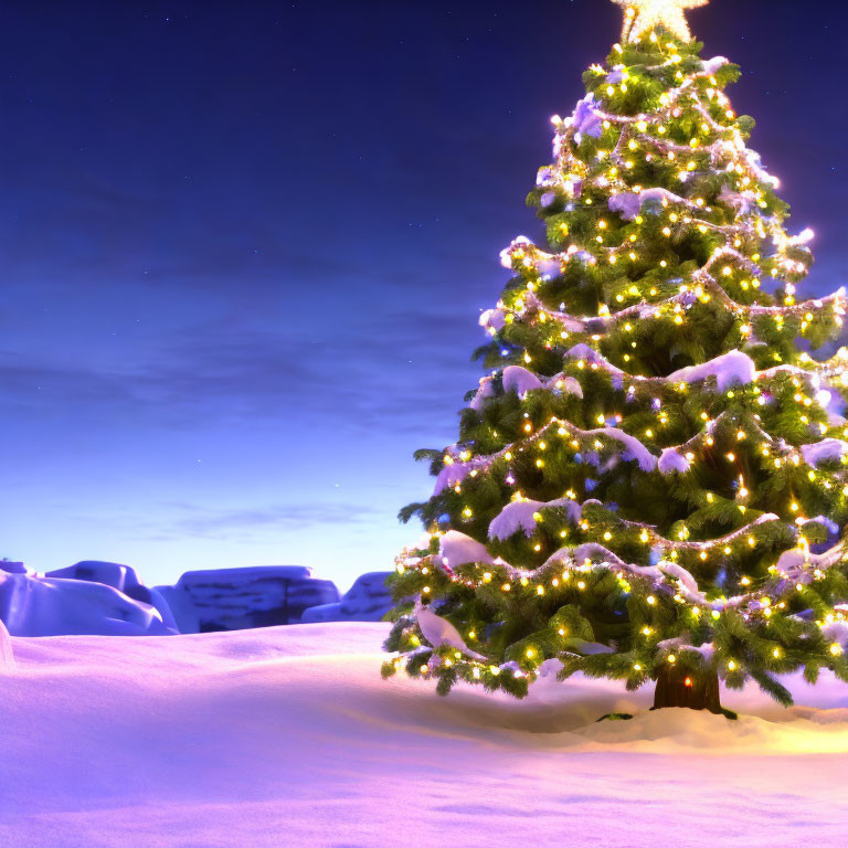 Twinkling lights adorn snowy Christmas tree in starry landscape