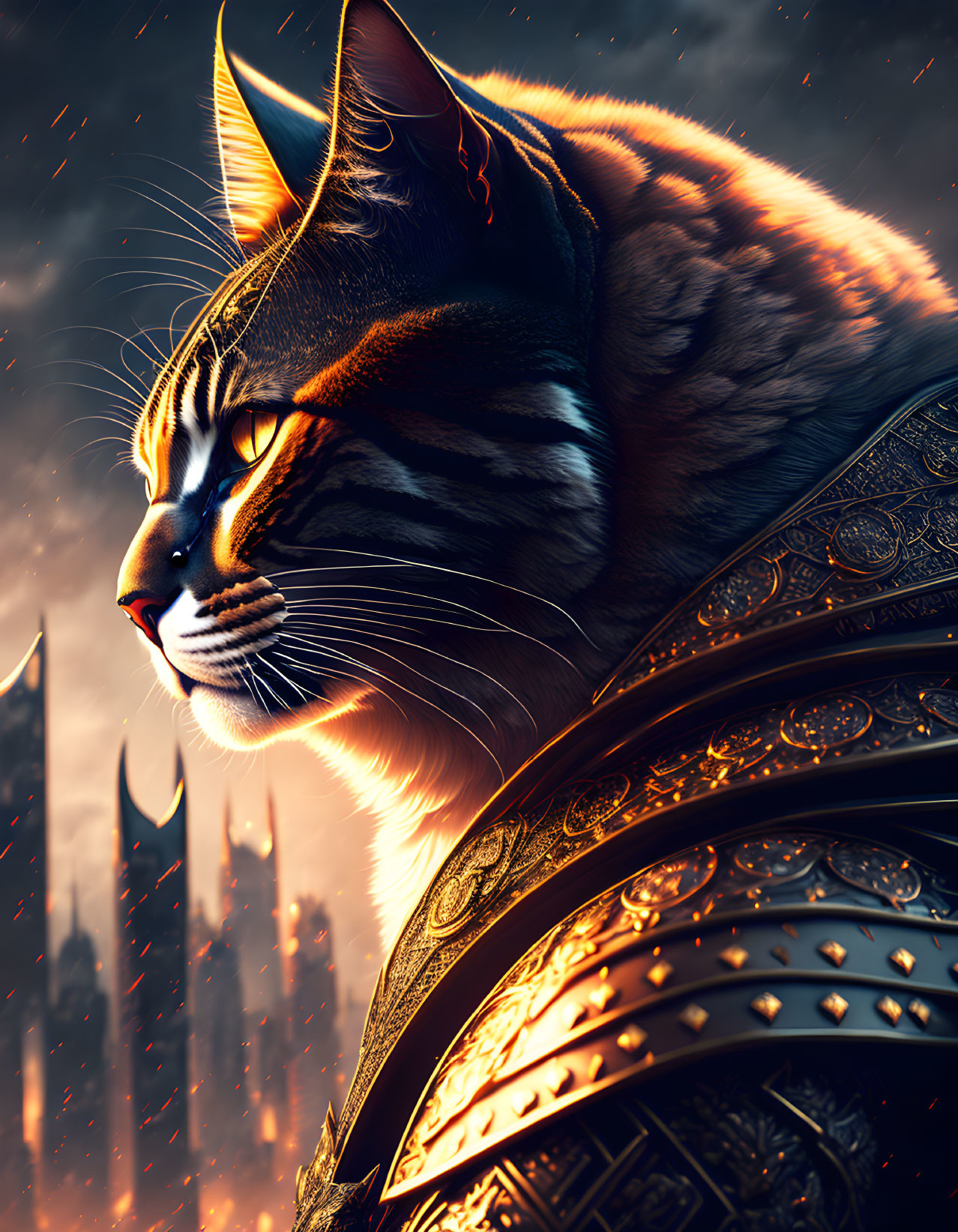 Majestic cat in ornate armor against fiery cityscape