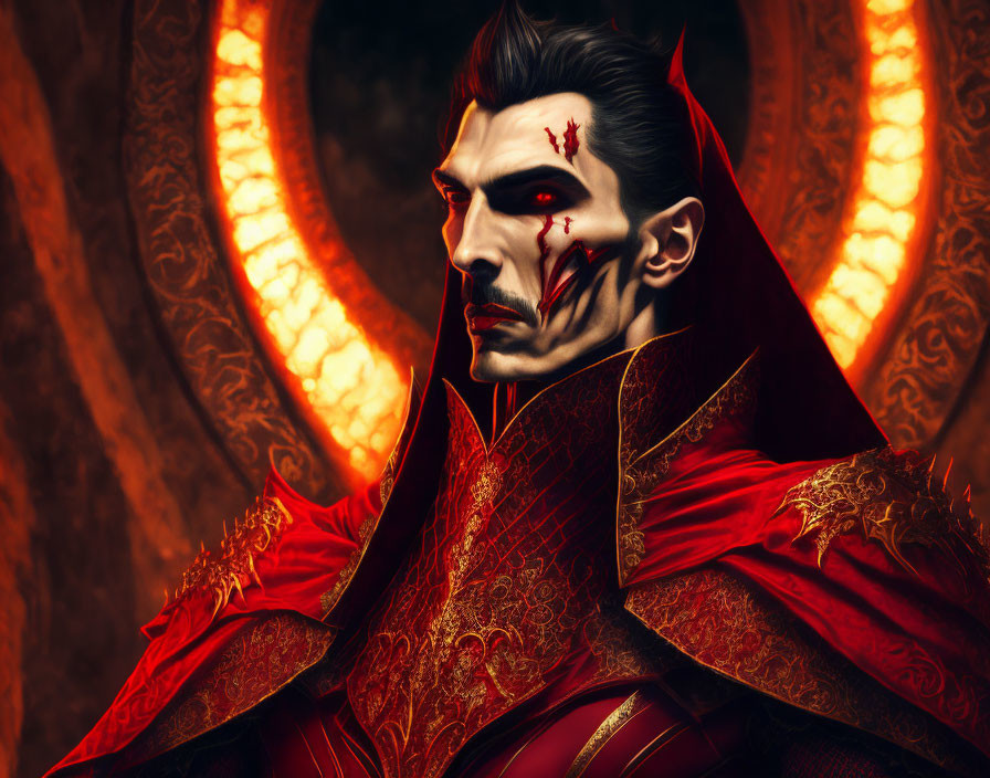 Digital portrait: Menacing figure with pale skin, red eyes, sharp features, wearing red cloak on