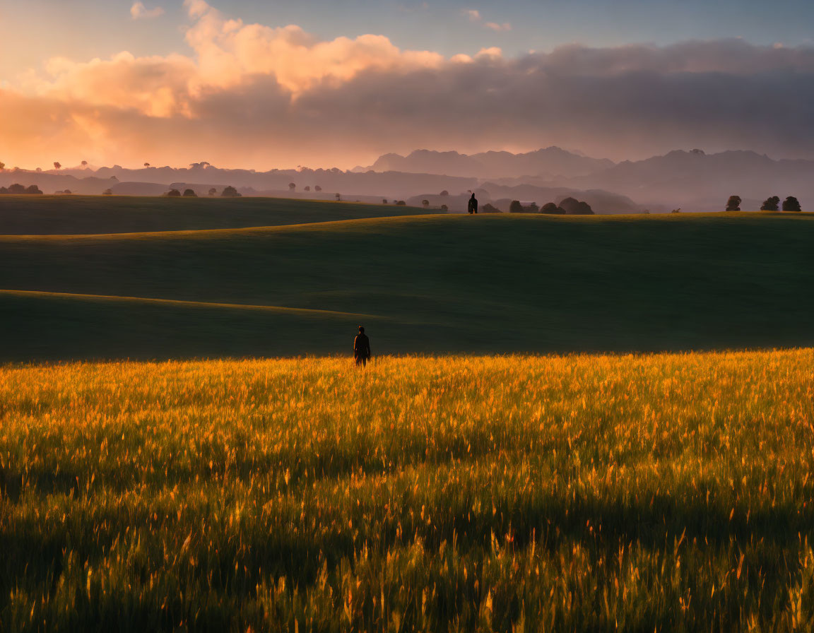 Person standing in golden field under dramatic sky at sunrise or sunset