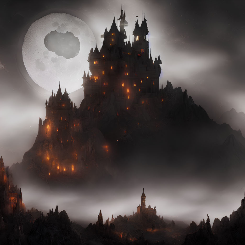 Gothic castle on craggy peak under full moon with swirling mist