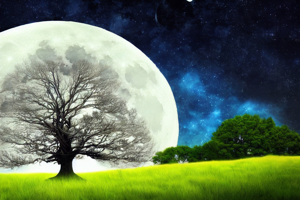 Lone tree on lush field under night sky with full moon