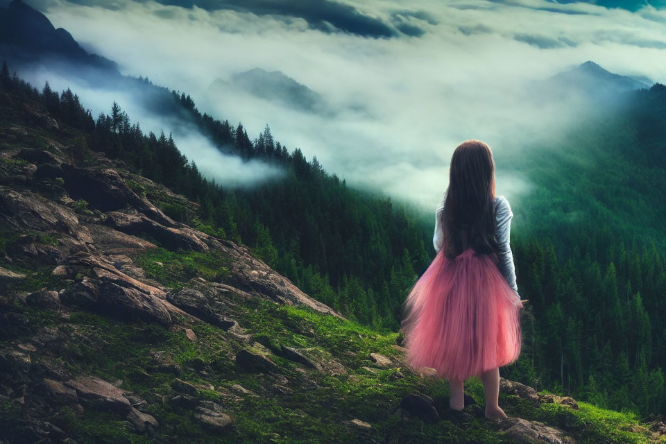 Woman in Pink Skirt on Mountain Overlooking Misty Forest Landscape