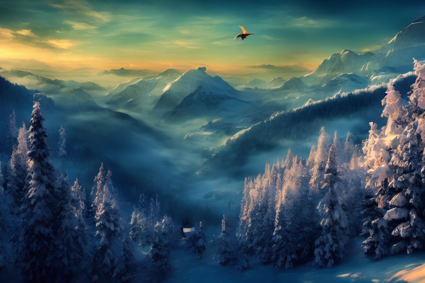 Snowy Sunset Panorama: Misty Mountains, Bird in Flight, Village Among Frosty Trees