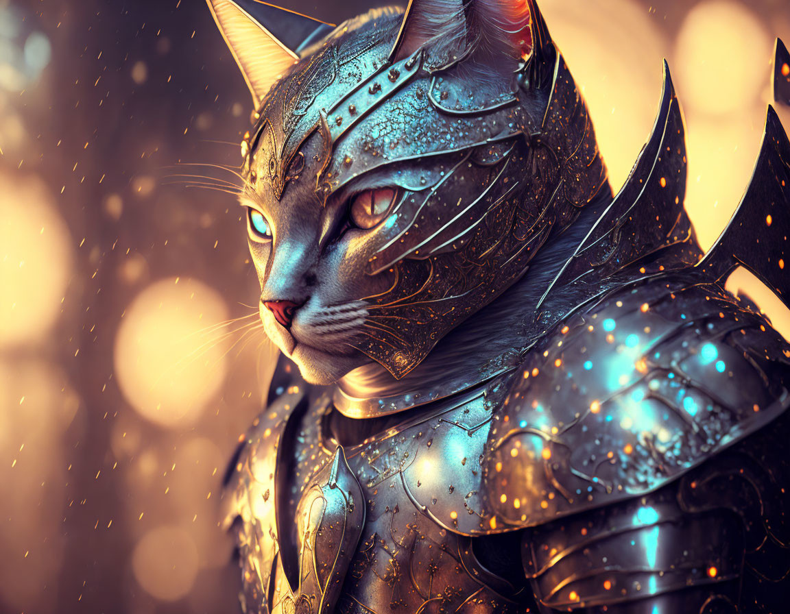 Medieval armor-clad cat in golden rain landscape