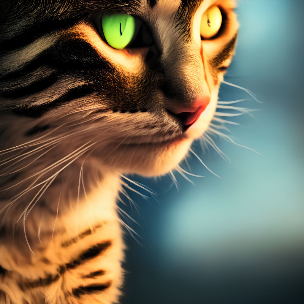 Striped Cat with Green Eyes in Golden Light on Blue Background