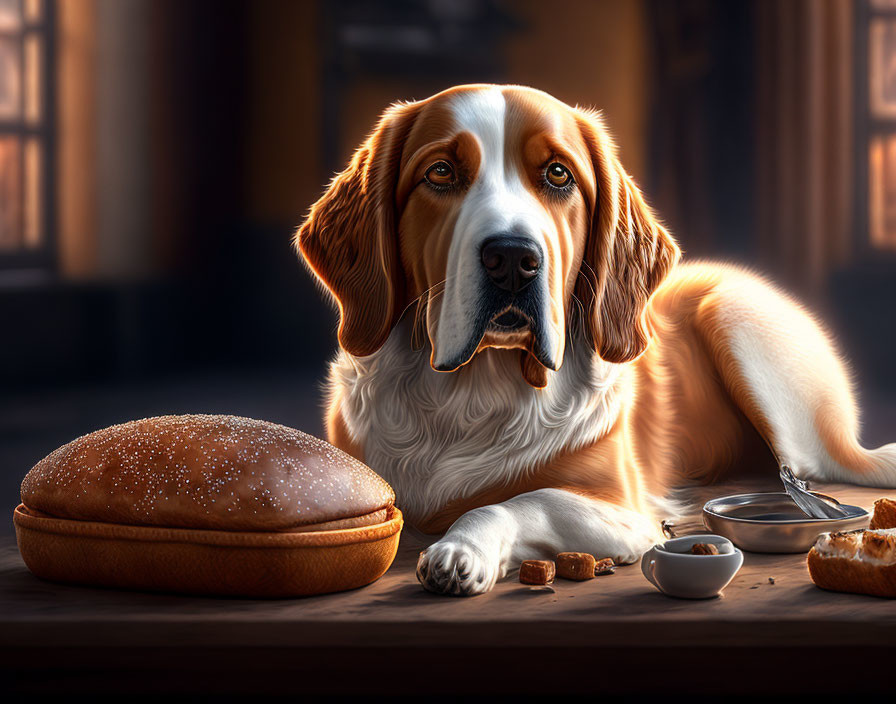 Beagle with sandwich, sauces, and biscuit on nose in sunlit room