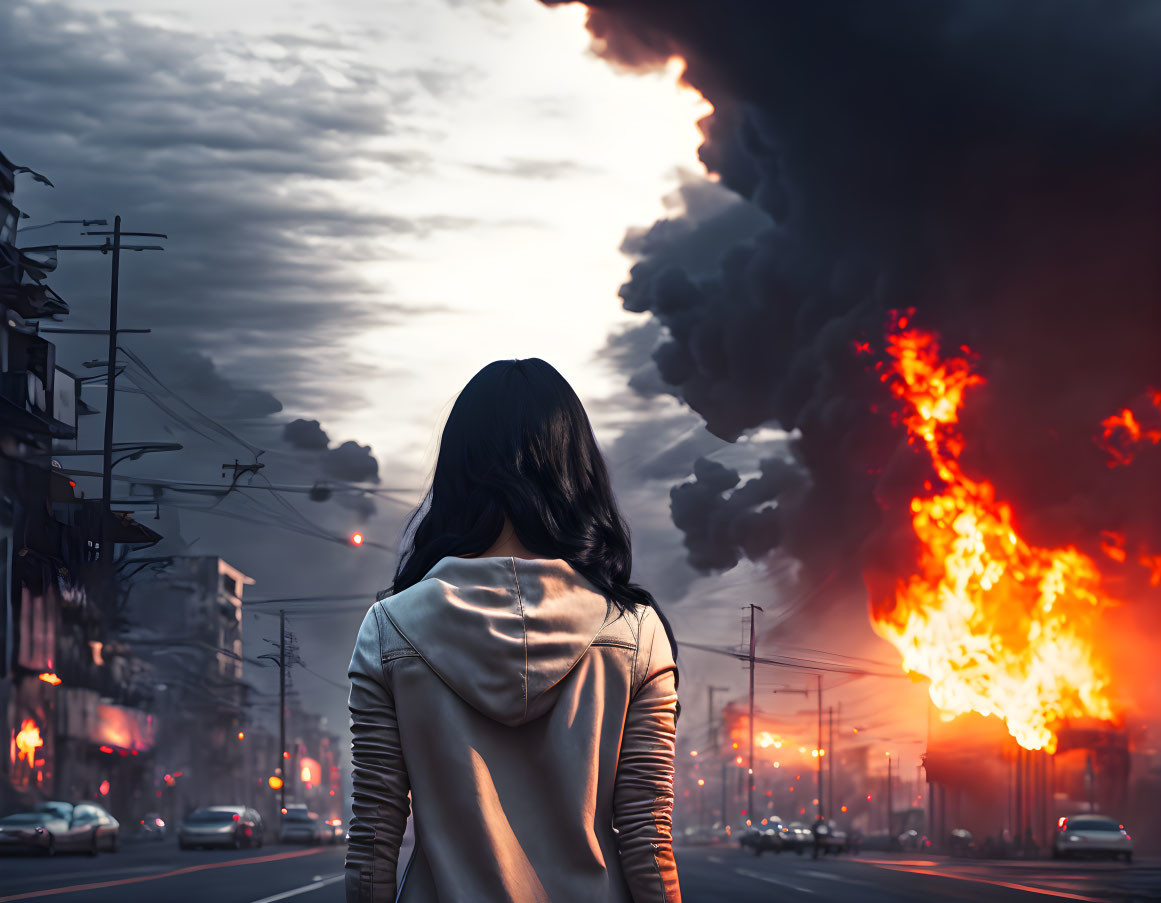 Woman witnessing urban street fire at dusk or dawn