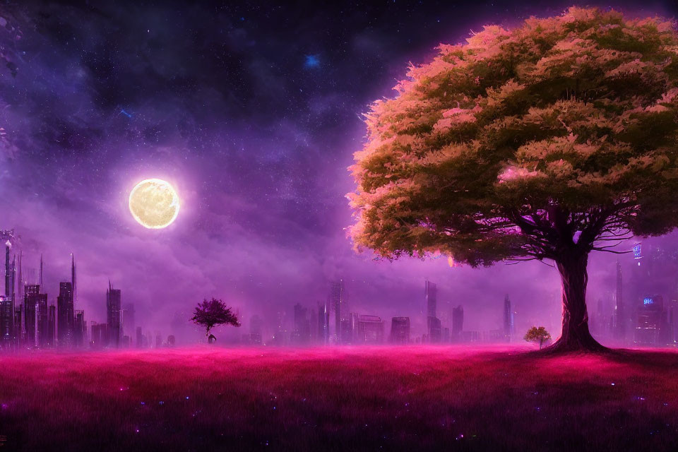 Landscape with glowing moon, large tree, and futuristic cityscape.