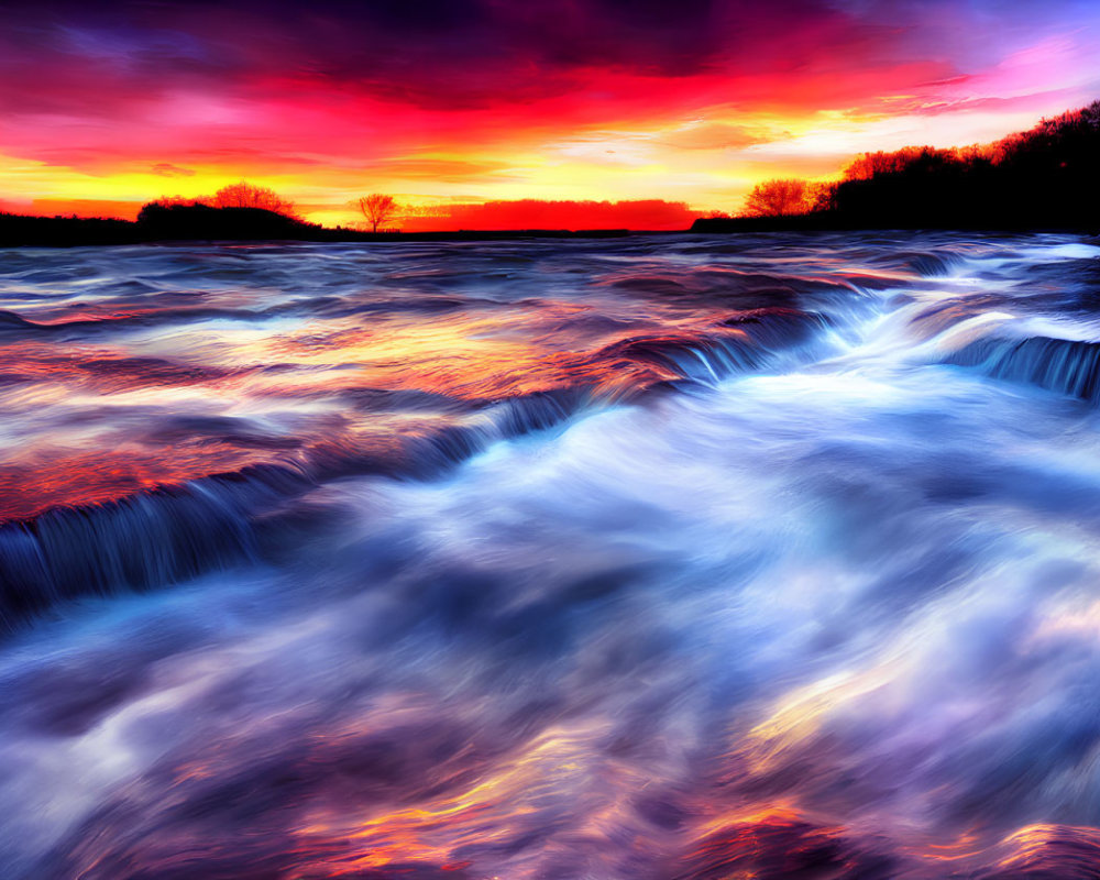 Fiery Sunrise Over River with Cascading Water