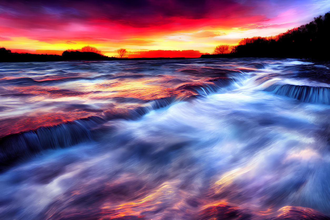 Fiery Sunrise Over River with Cascading Water