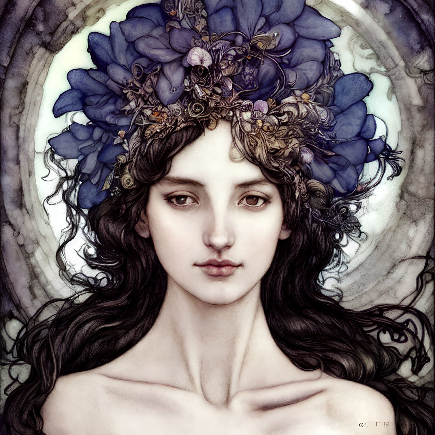 Stylized portrait of woman with dark hair and floral crown in circular background