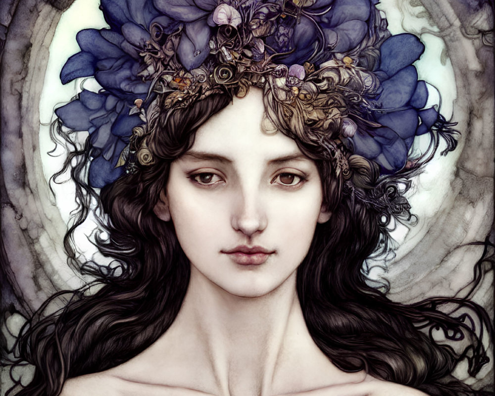 Stylized portrait of woman with dark hair and floral crown in circular background