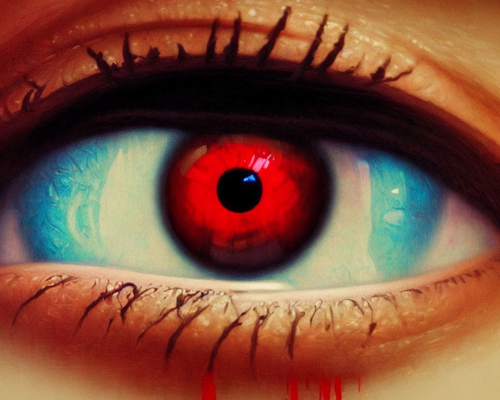 Detailed close-up of eye with dilated red pupil and blue iris, red liquid tears.