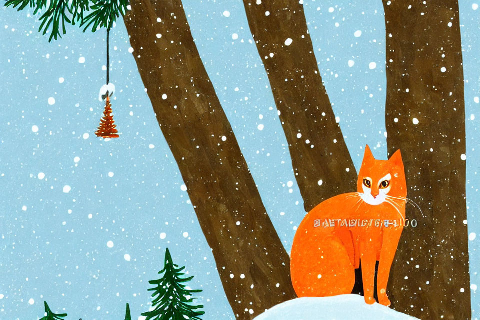 Illustrated orange cat on snowy branch with pinecone ornament