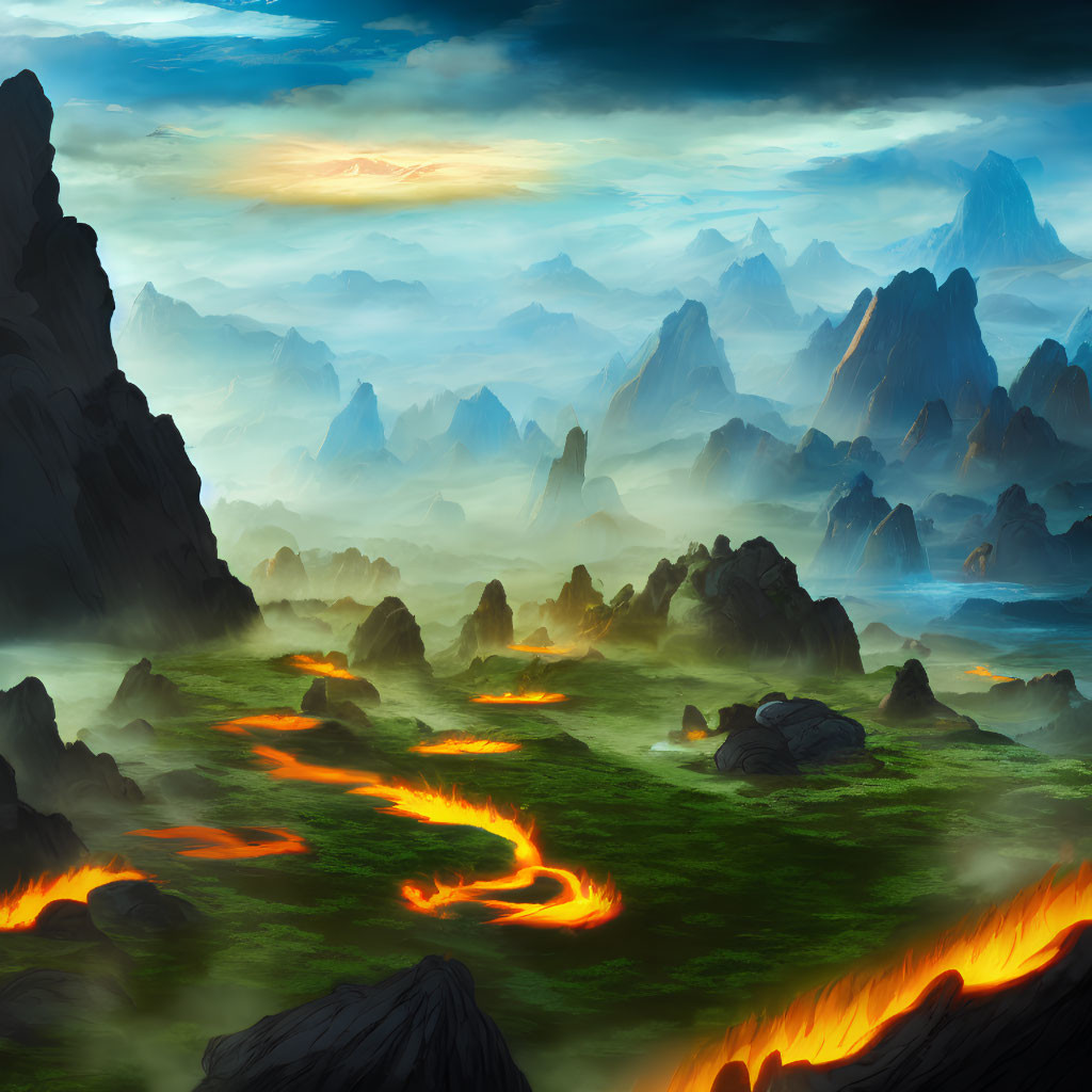Fantastical landscape with molten lava rivers and dramatic sky