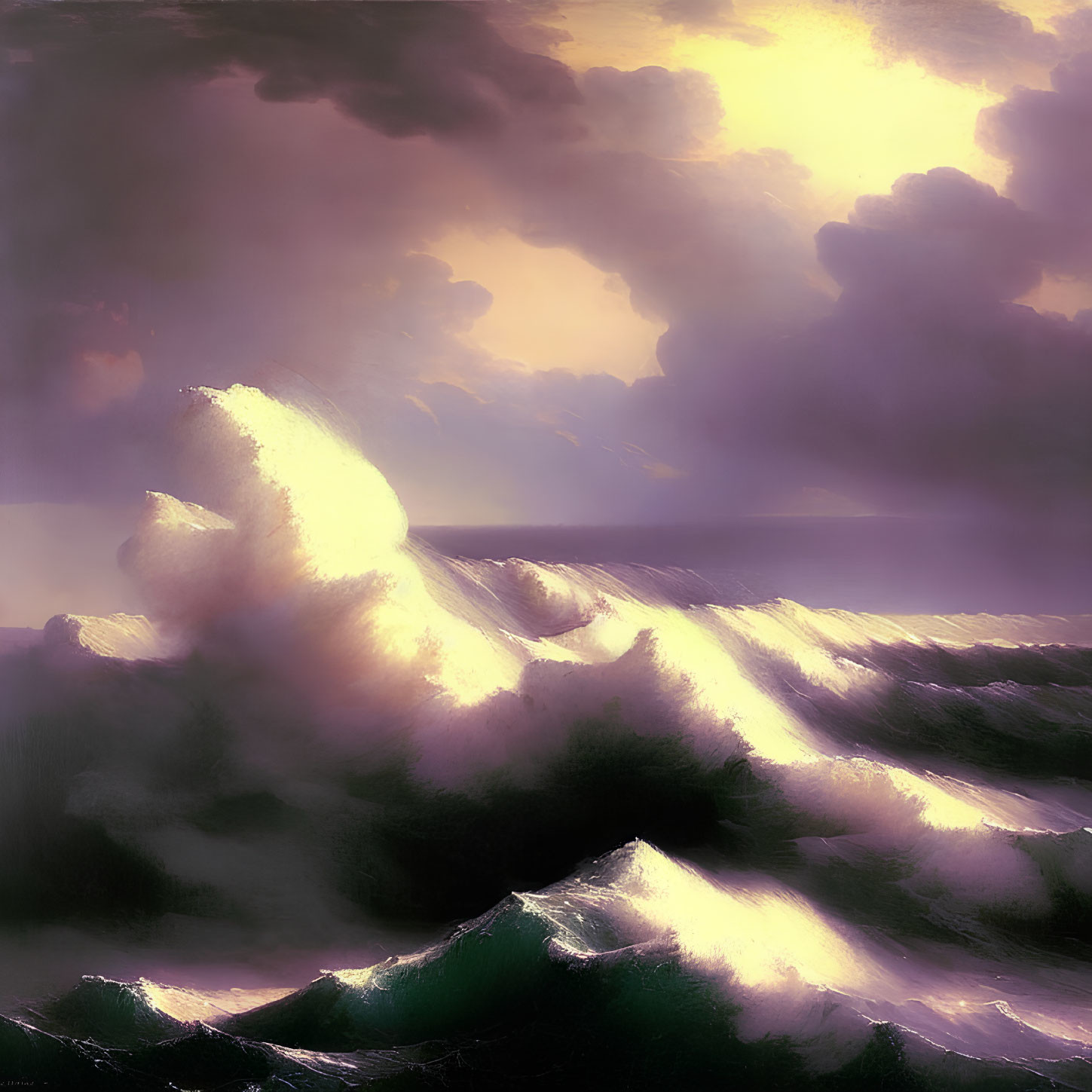 Dramatic stormy sea with towering waves and dark clouds illuminated by sunlight