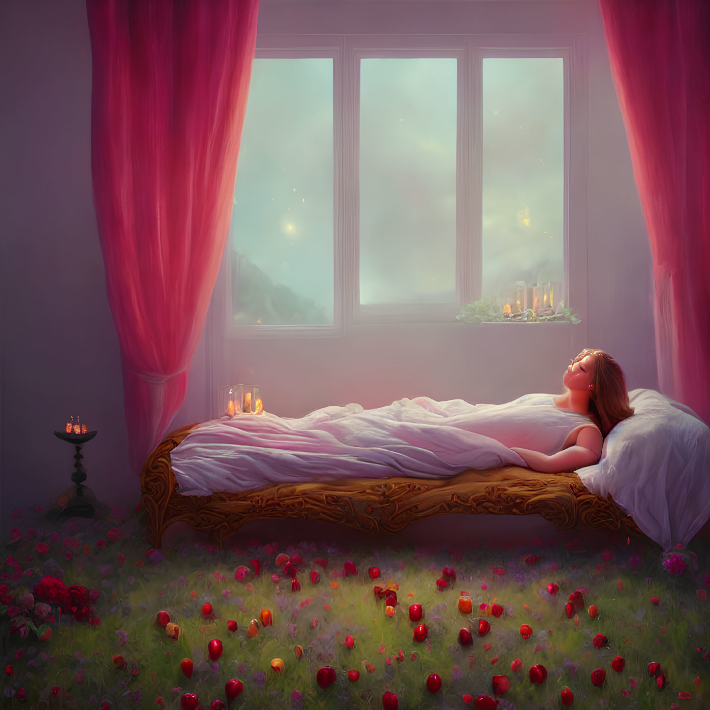 Tranquil bedroom with woman on bed, flowers on floor, candles, twilight sky