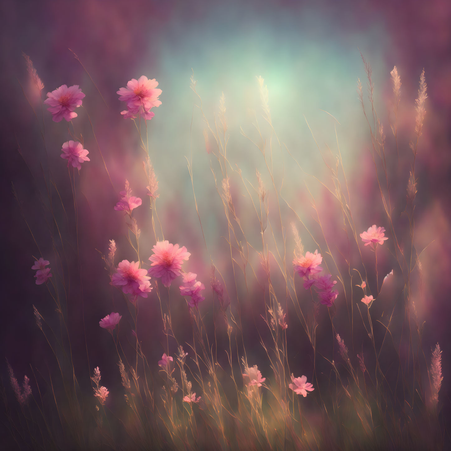 Ethereal pink flowers in tall grass under mystical light