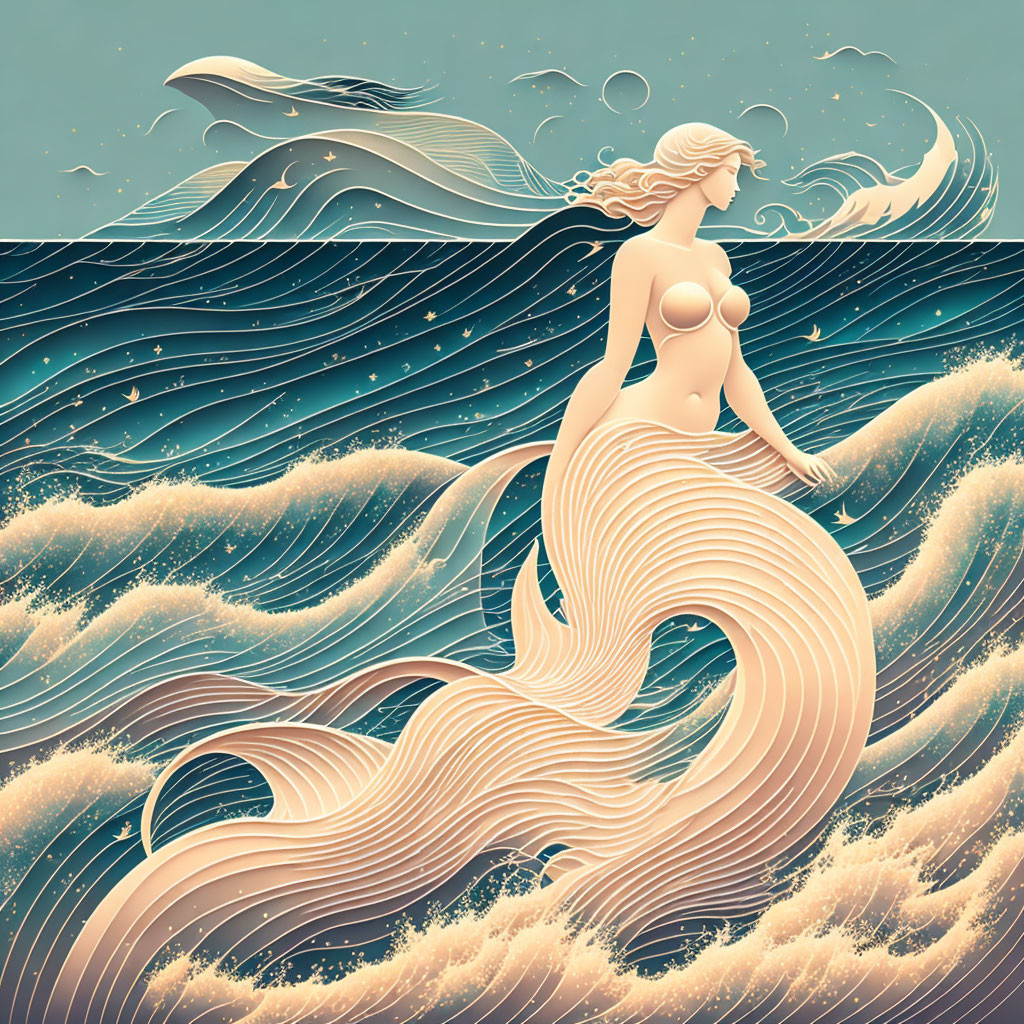 Mythical mermaid with long hair in ocean waves under swirling sky