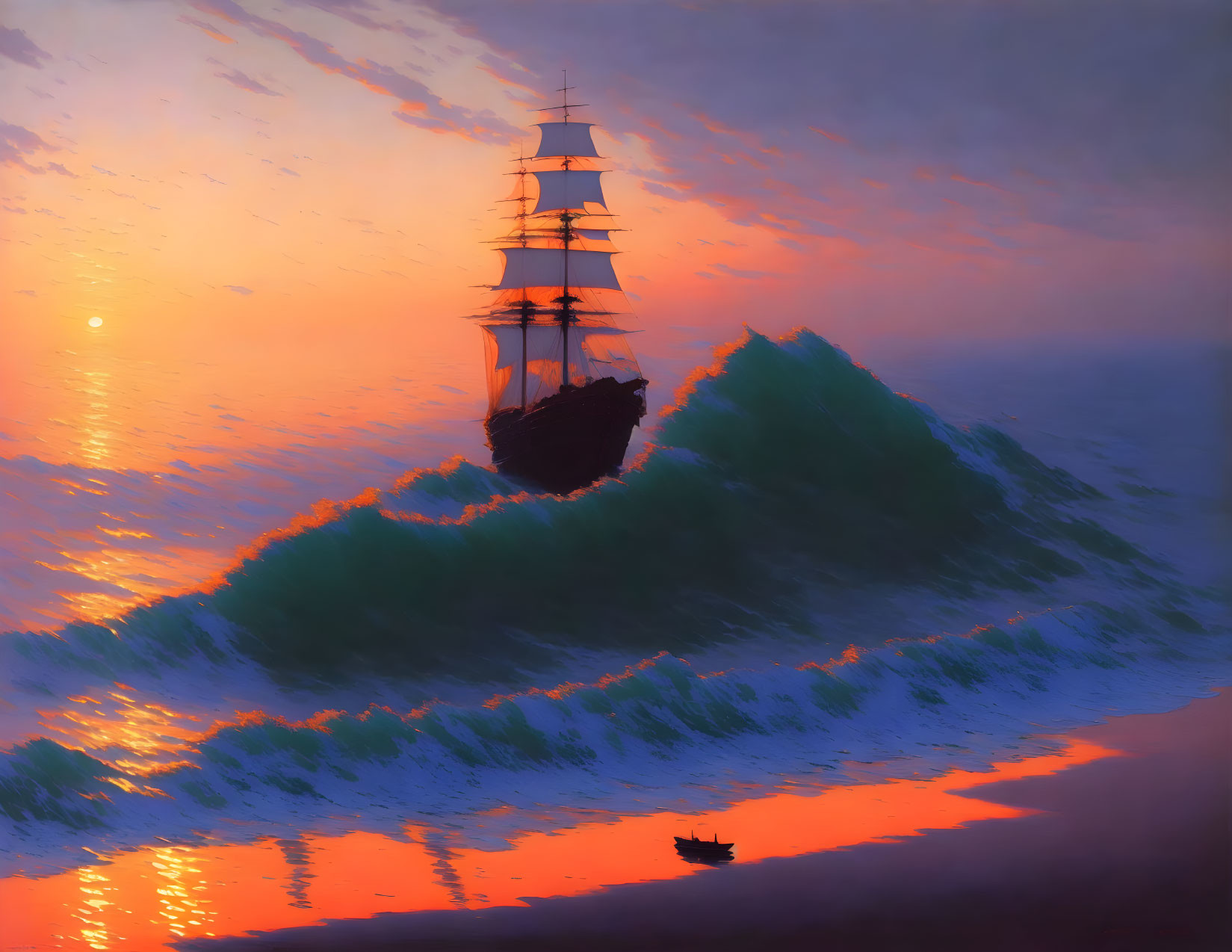 Sailing ship on large wave at vibrant sunset