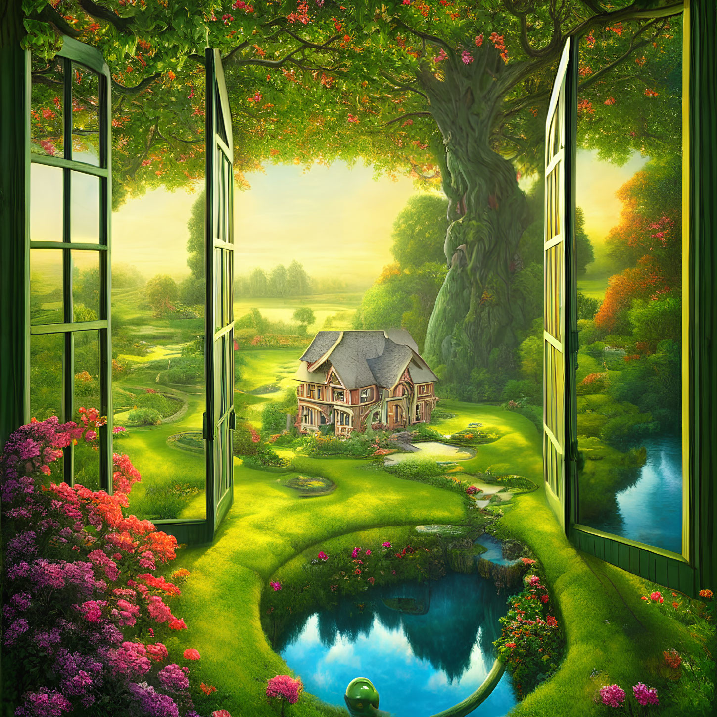 Scenic landscape with lush garden, serene pond, and cozy cottage viewed through French windows
