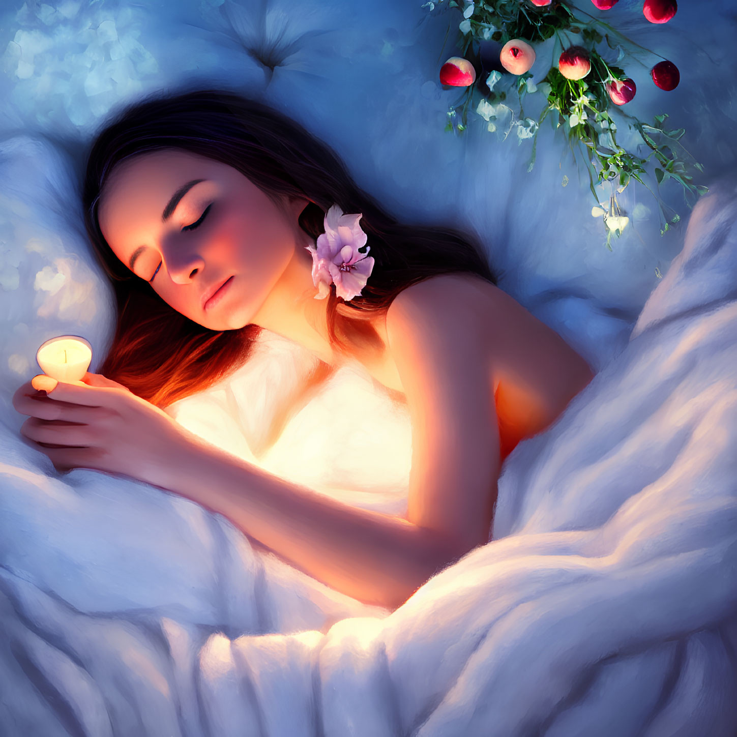 Woman sleeping with candle, blue sheets, flowers, and red apples.