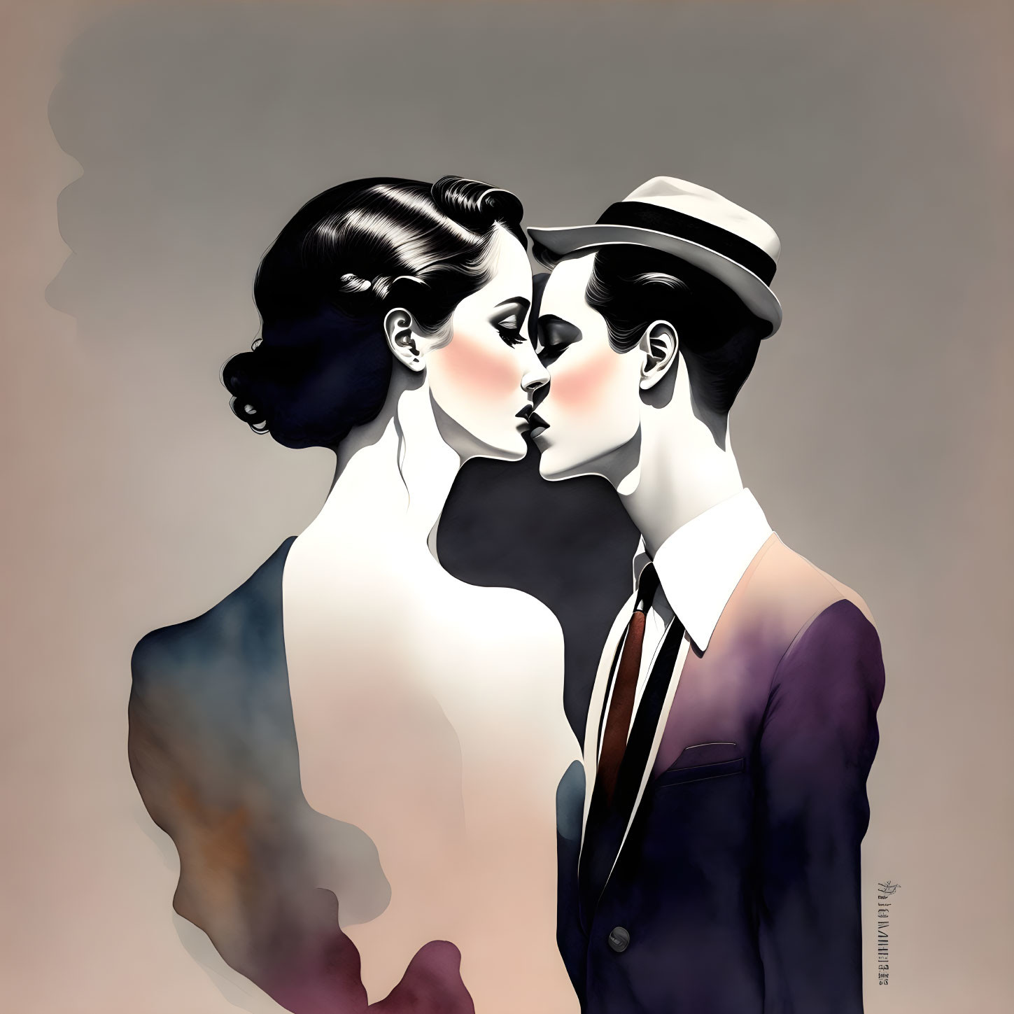 Stylized illustration of man and woman in suit and hat, leaning close with abstract background