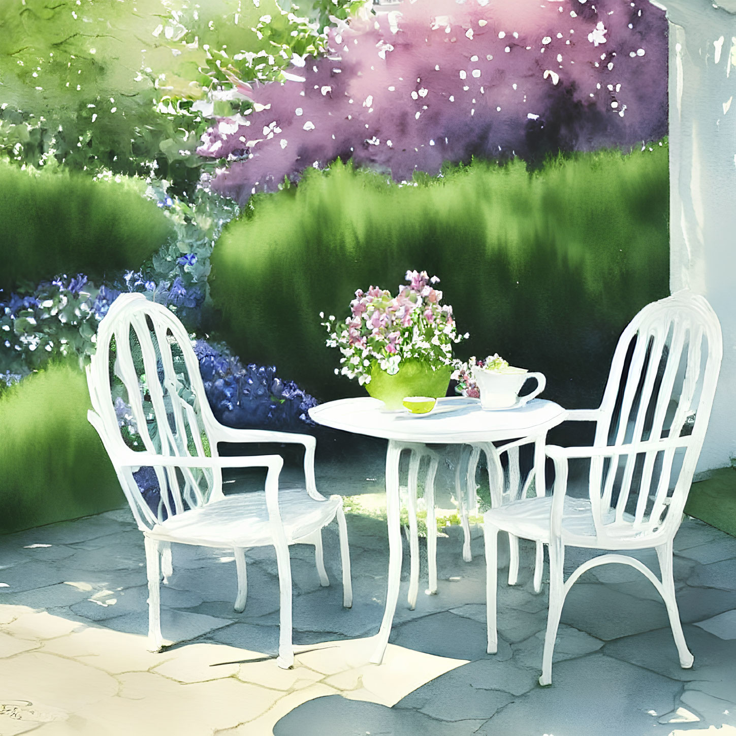 Tranquil Watercolor Painting of Garden Scene with White Chairs and Tea Table