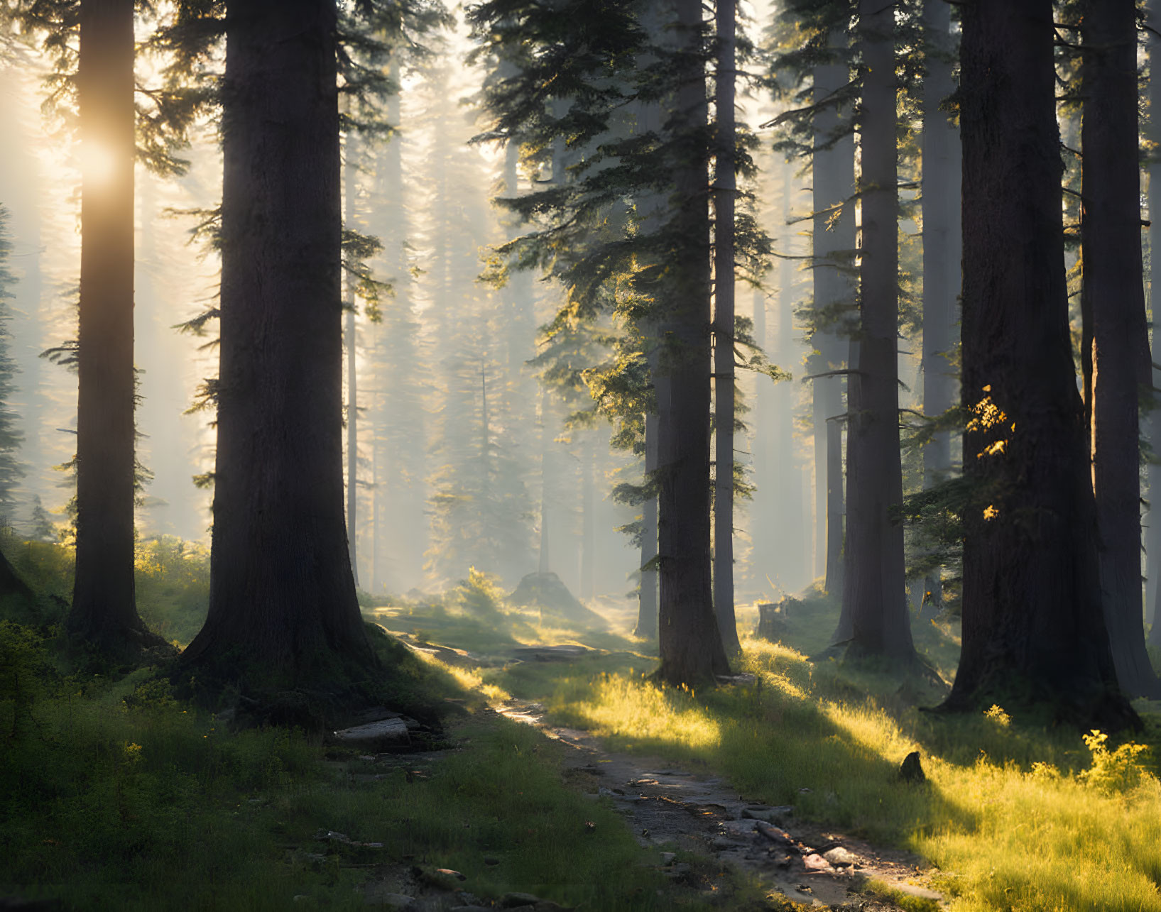 Misty forest with sunlight filtering through tall trees