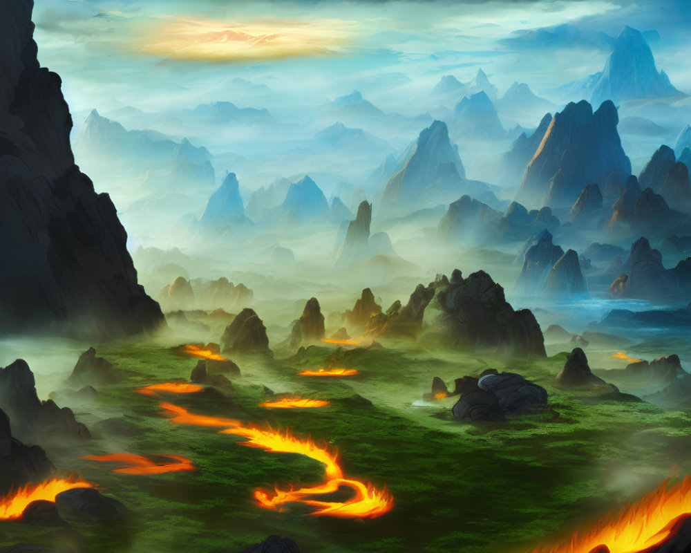 Fantastical landscape with molten lava rivers and dramatic sky