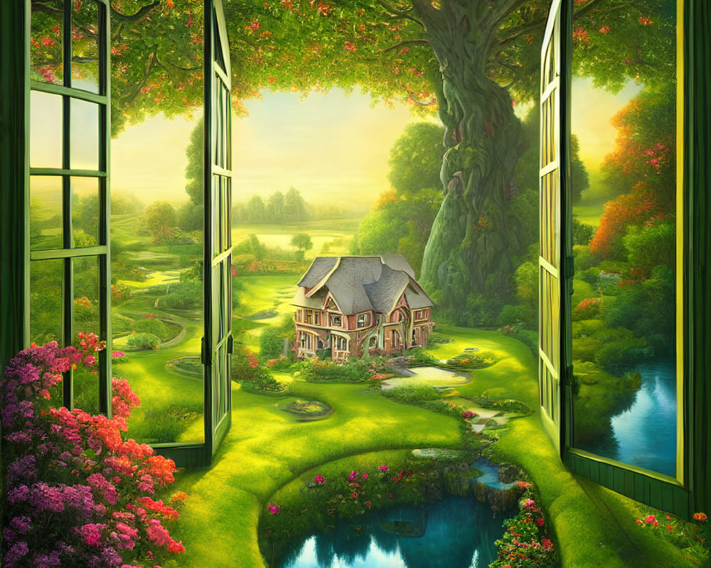 Scenic landscape with lush garden, serene pond, and cozy cottage viewed through French windows