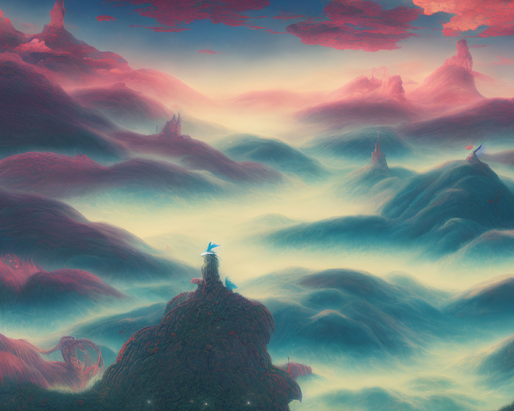 Surreal landscape with pink clouds and lone figure atop peak