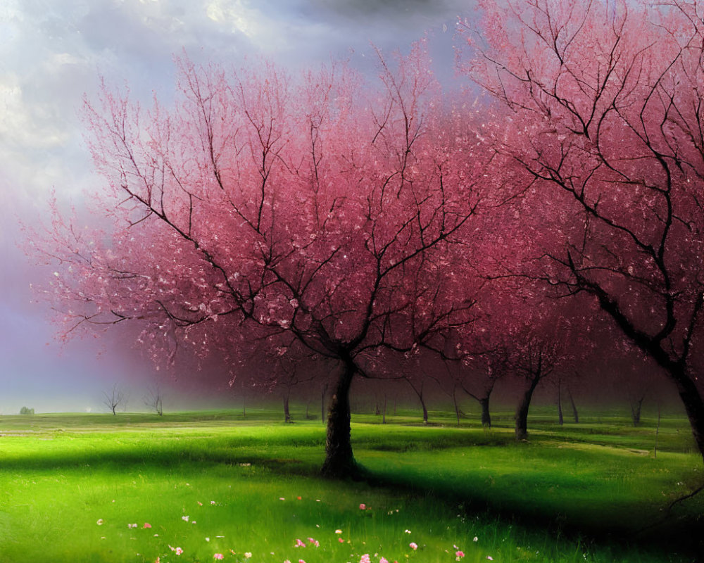 Scenic landscape with cherry blossom trees and flowers under dramatic sky