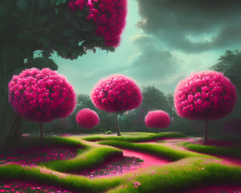 Vibrant pink trees in surreal landscape with luminous grass paths