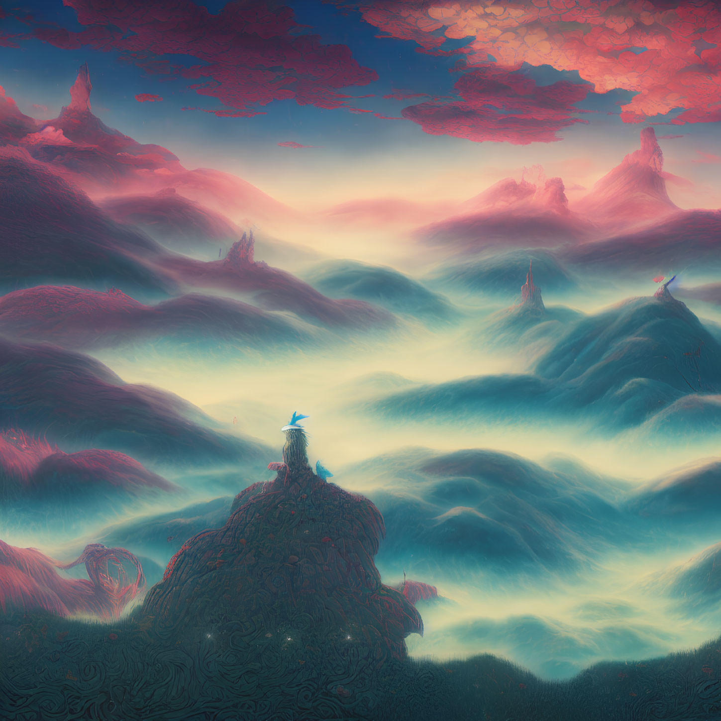 Surreal landscape with pink clouds and lone figure atop peak