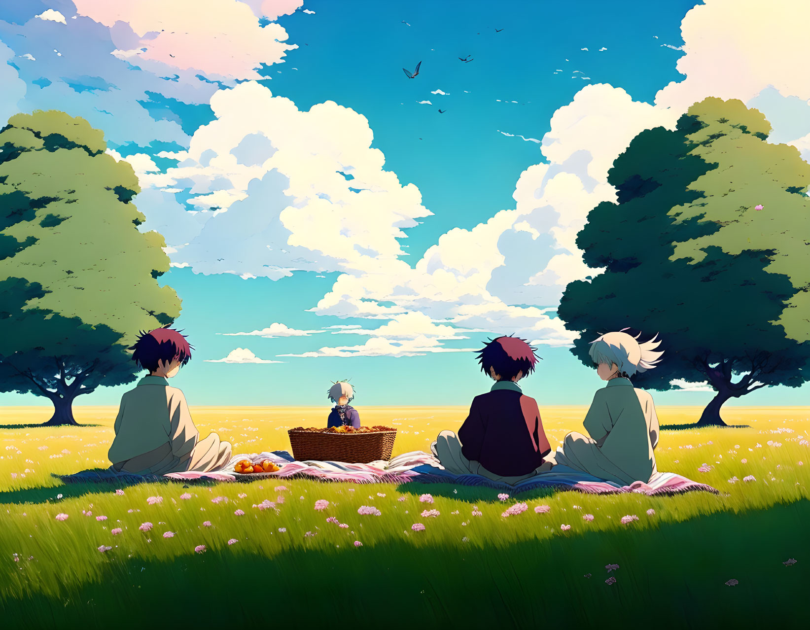 Animated characters picnic in serene field with lush trees