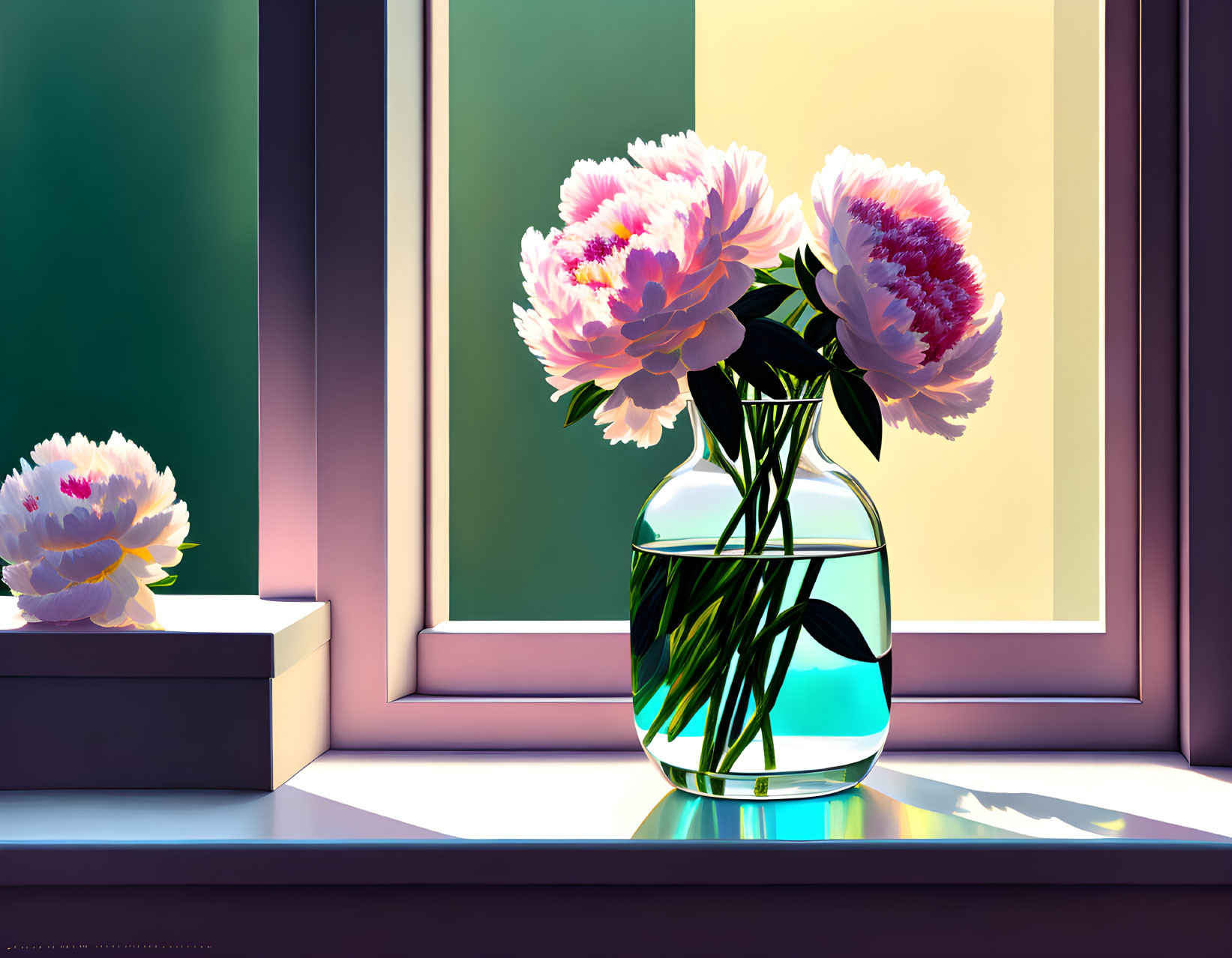 Digital Art: Glass Vase with Pink Peonies on Windowsill