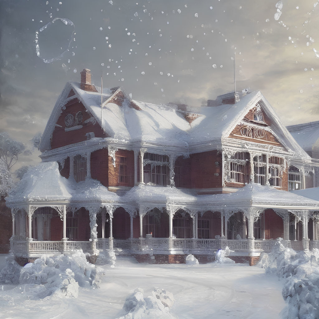 Victorian-style house in snow with icicles, winter landscape