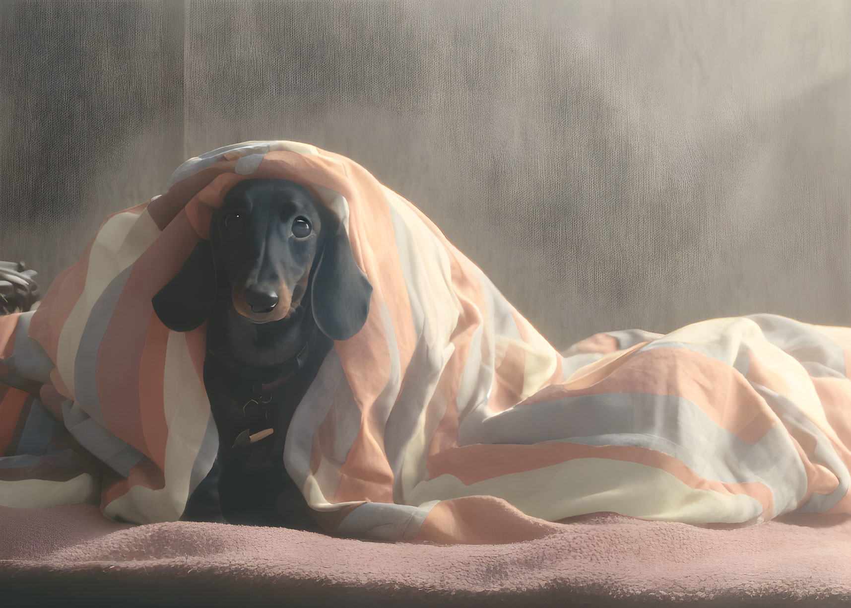 Dachshund under striped blanket in cozy setting